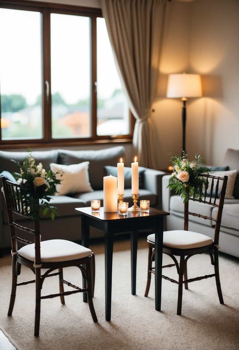 A cozy living room with a small table set for a wedding ceremony, featuring candles, flowers, and two chairs facing each other