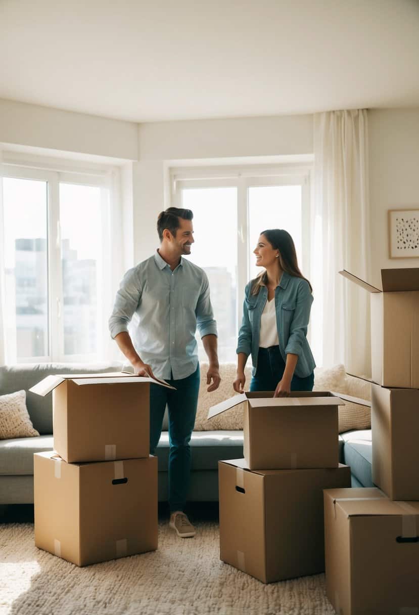 A couple unpacking boxes in a cozy, sunlit apartment, discussing the pros and cons of living together before marriage