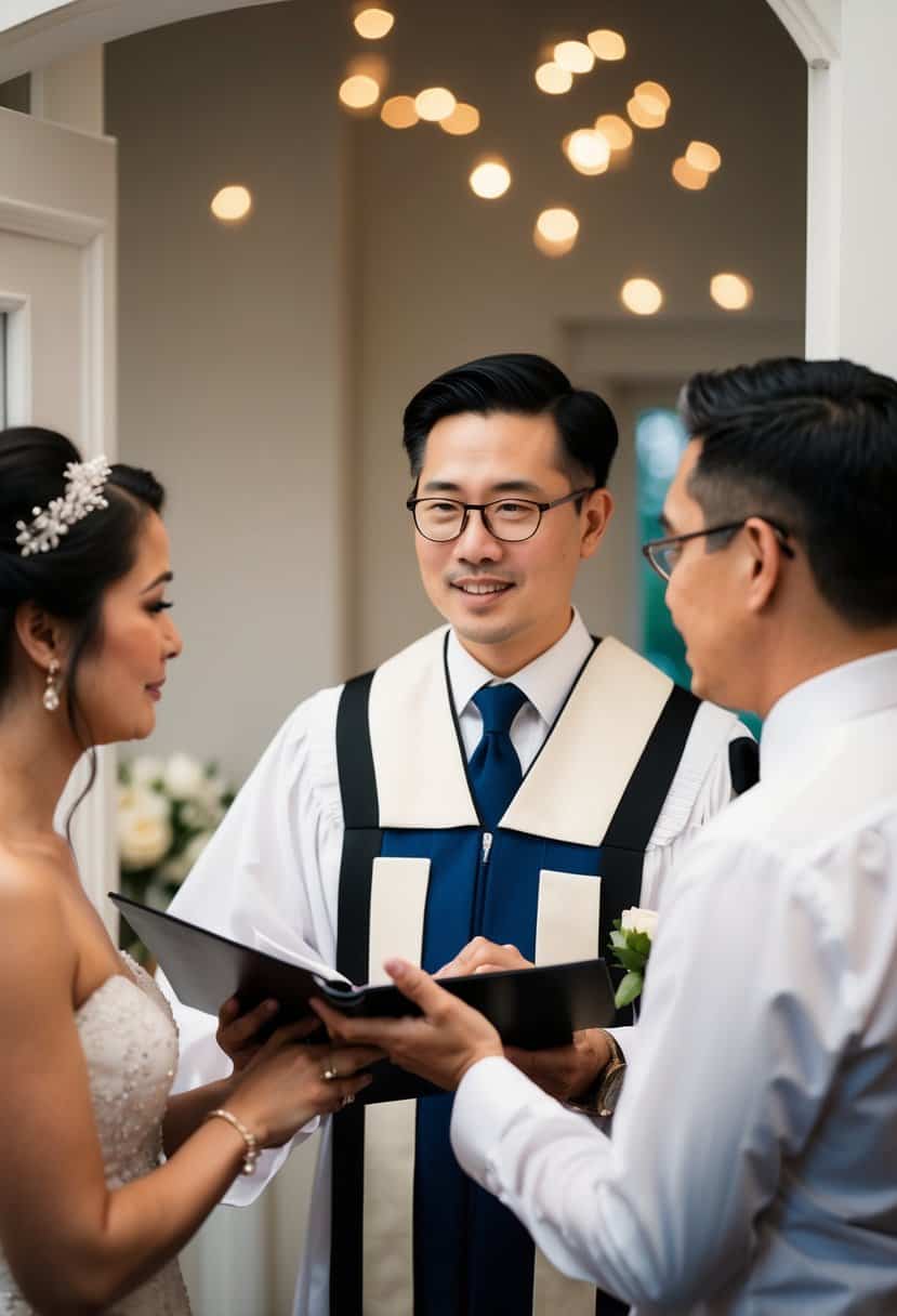 A registrar officiates a home wedding ceremony