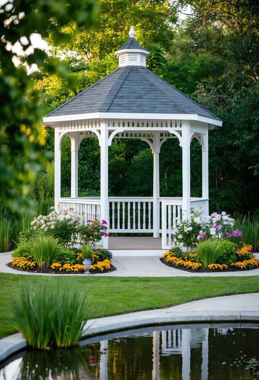 A charming outdoor gazebo with blooming flowers, surrounded by lush greenery and a tranquil pond, offers an affordable and picturesque wedding venue