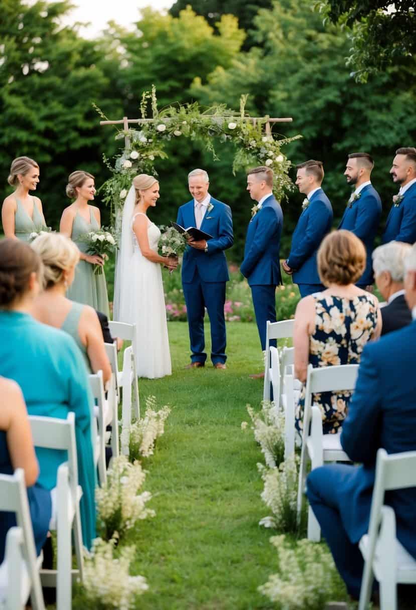 A simple outdoor wedding ceremony in a garden with a small, intimate guest list. A makeshift arch made of wildflowers and a few chairs for guests