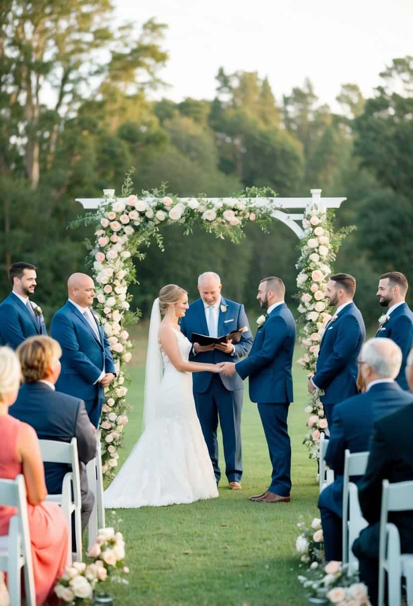 A simple outdoor wedding ceremony under a floral arch with minimal decorations and a small group of guests