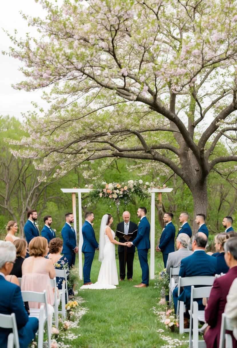 A simple outdoor ceremony under a blooming tree with a makeshift altar made of wildflowers and a small group of loved ones gathered around