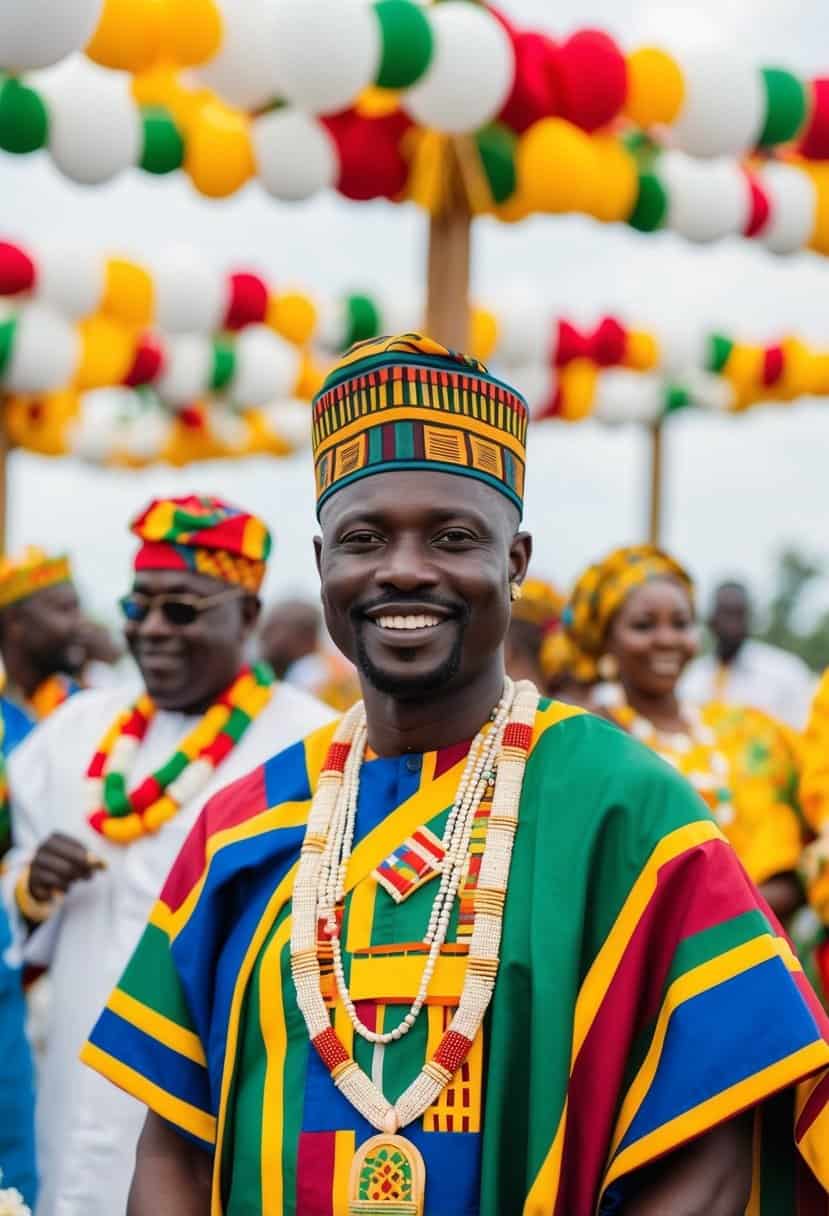 A traditional Ghanaian wedding with colorful kente cloth, traditional symbols, and festive decorations