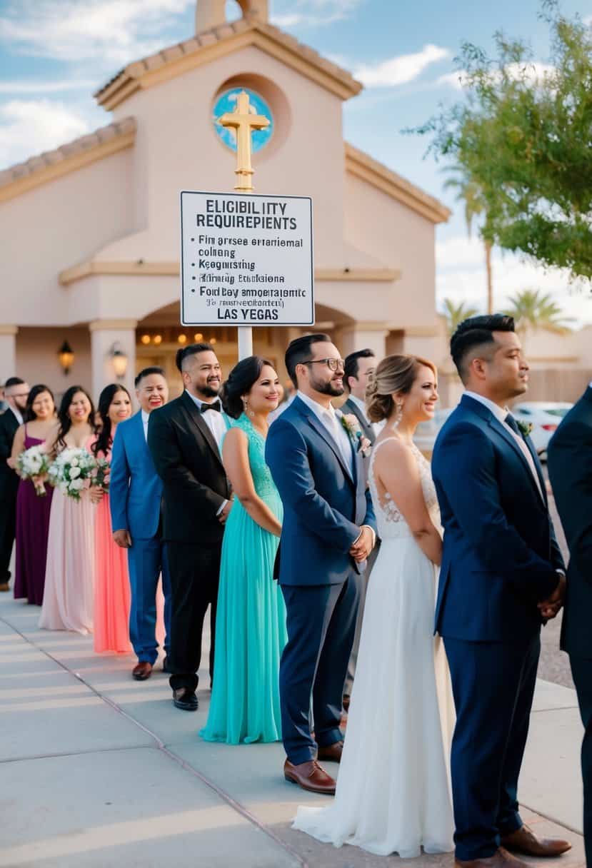 A diverse group of couples from different countries standing in line outside a wedding chapel in Las Vegas, with a sign displaying eligibility requirements for foreigners