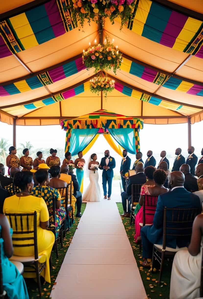 A traditional Ghanaian wedding setting with vibrant kente cloth, colorful decorations, and a ceremonial canopy surrounded by joyful guests