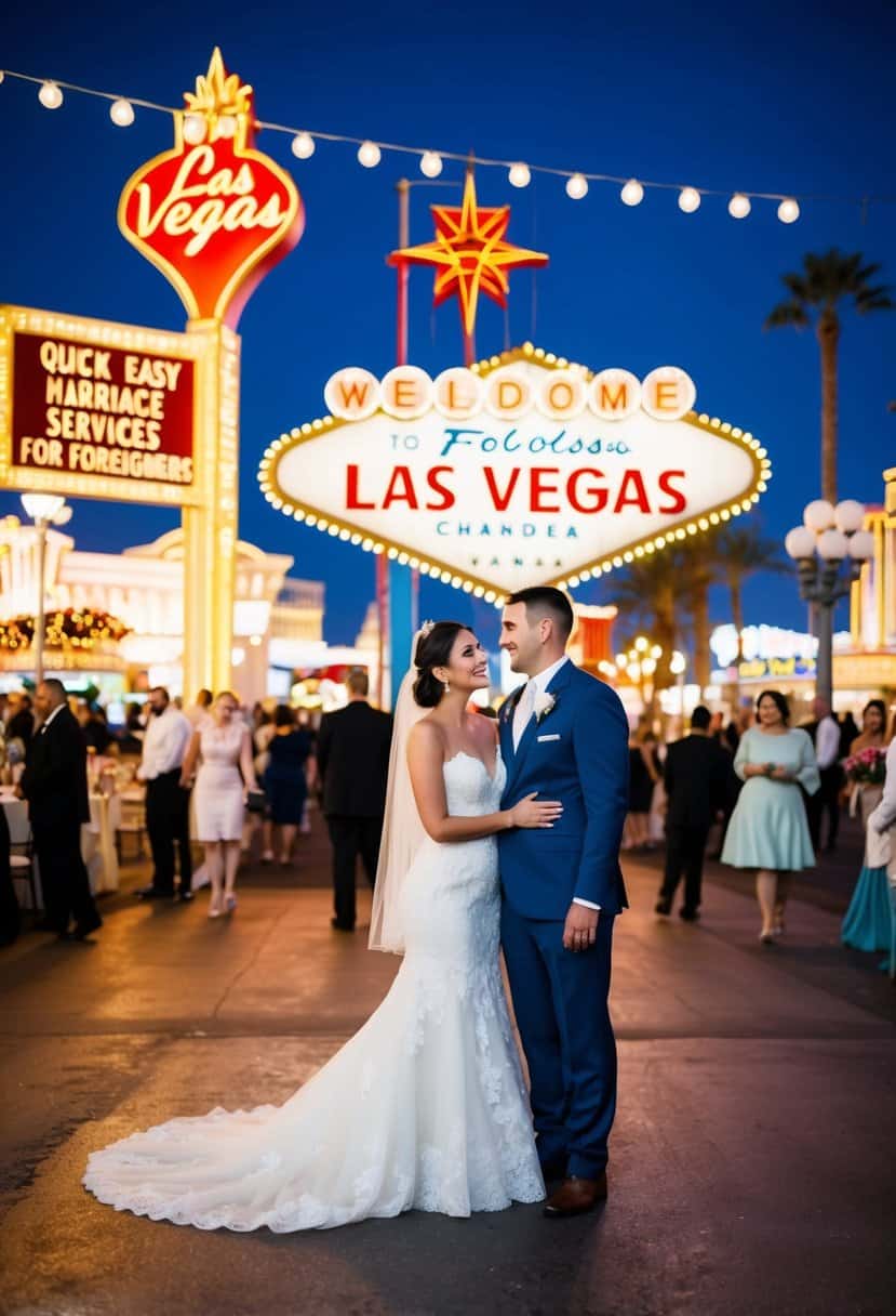 A couple stands in front of a Las Vegas wedding chapel, surrounded by bright lights and bustling crowds. A sign advertises quick and easy marriage services for foreigners