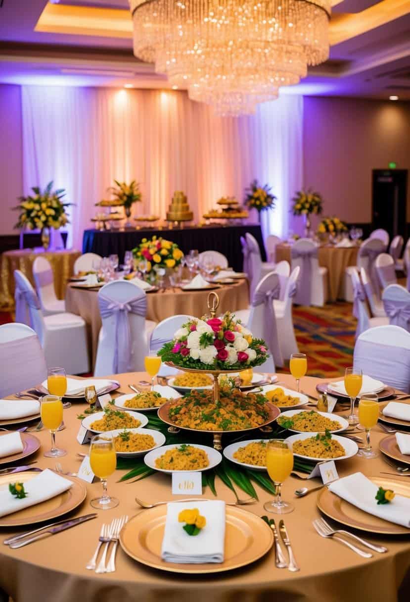 A beautifully decorated wedding reception in Ghana with tables set for catering and a lavish display of traditional Ghanaian cuisine