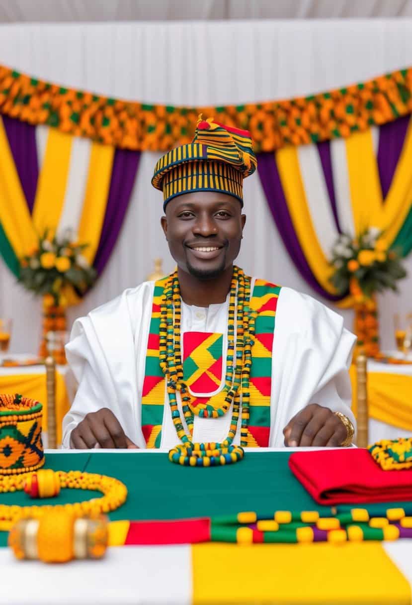 A traditional Ghanaian wedding setting with colorful decorations, traditional attire, and symbolic items such as kente cloth and traditional wedding beads