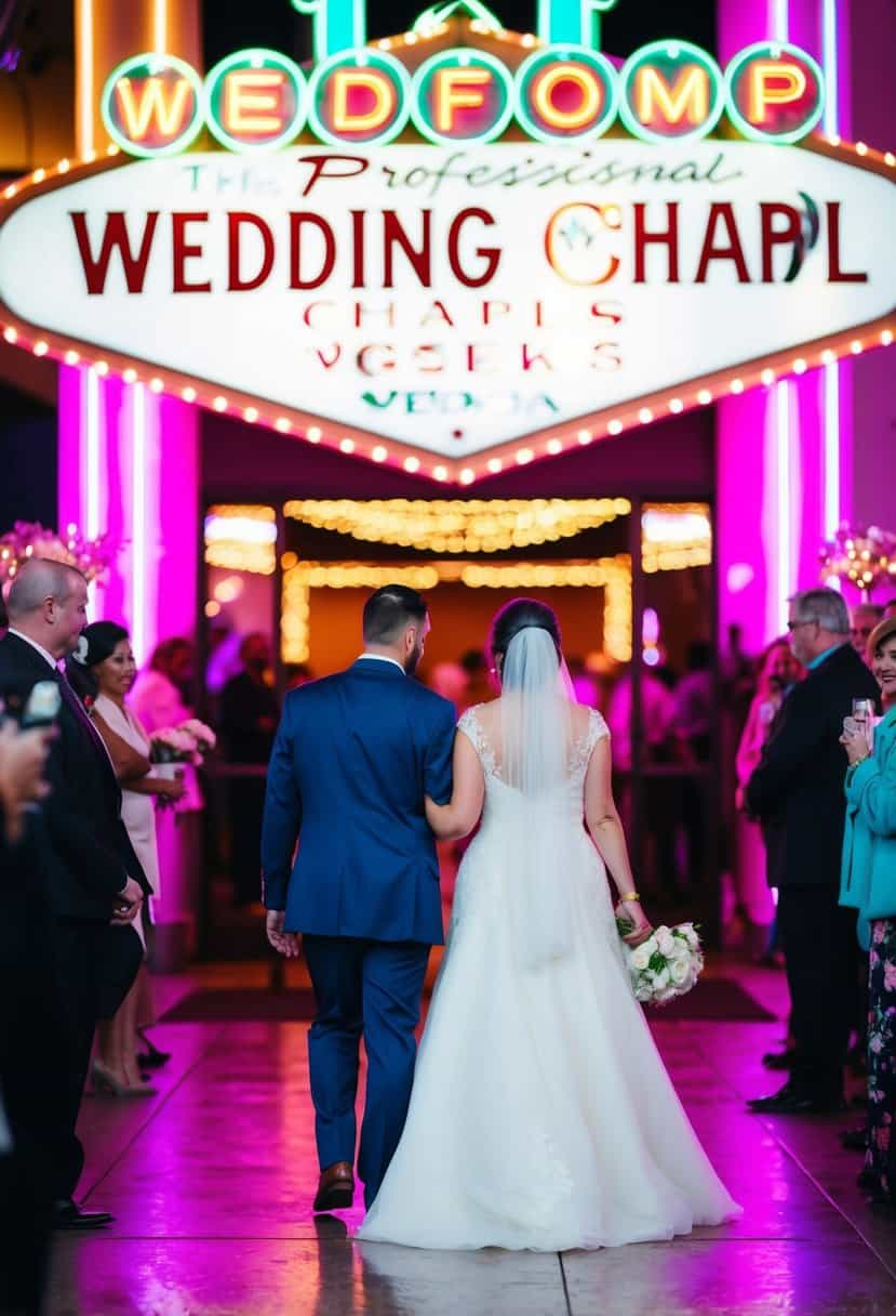 A couple walks out of a Vegas wedding chapel, surrounded by neon lights and bustling crowds