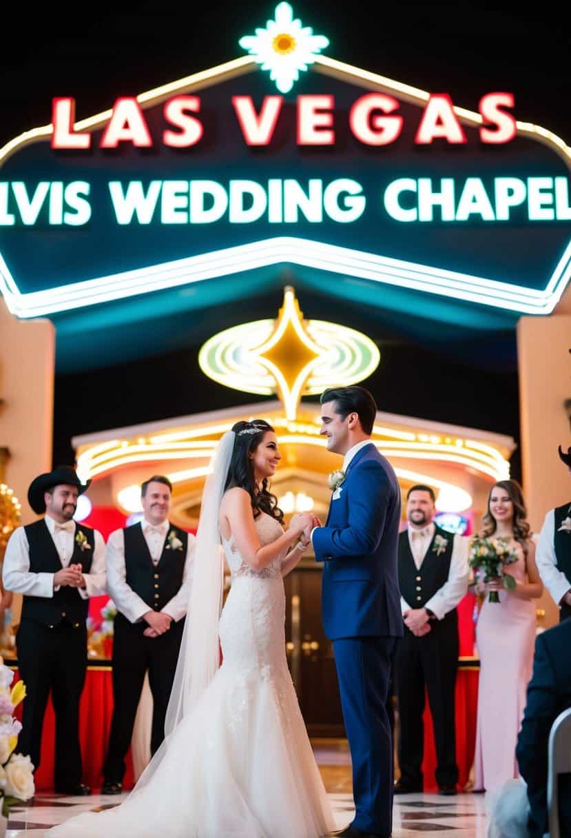 A couple exchanging vows at a Las Vegas wedding chapel, surrounded by Elvis impersonators and neon lights