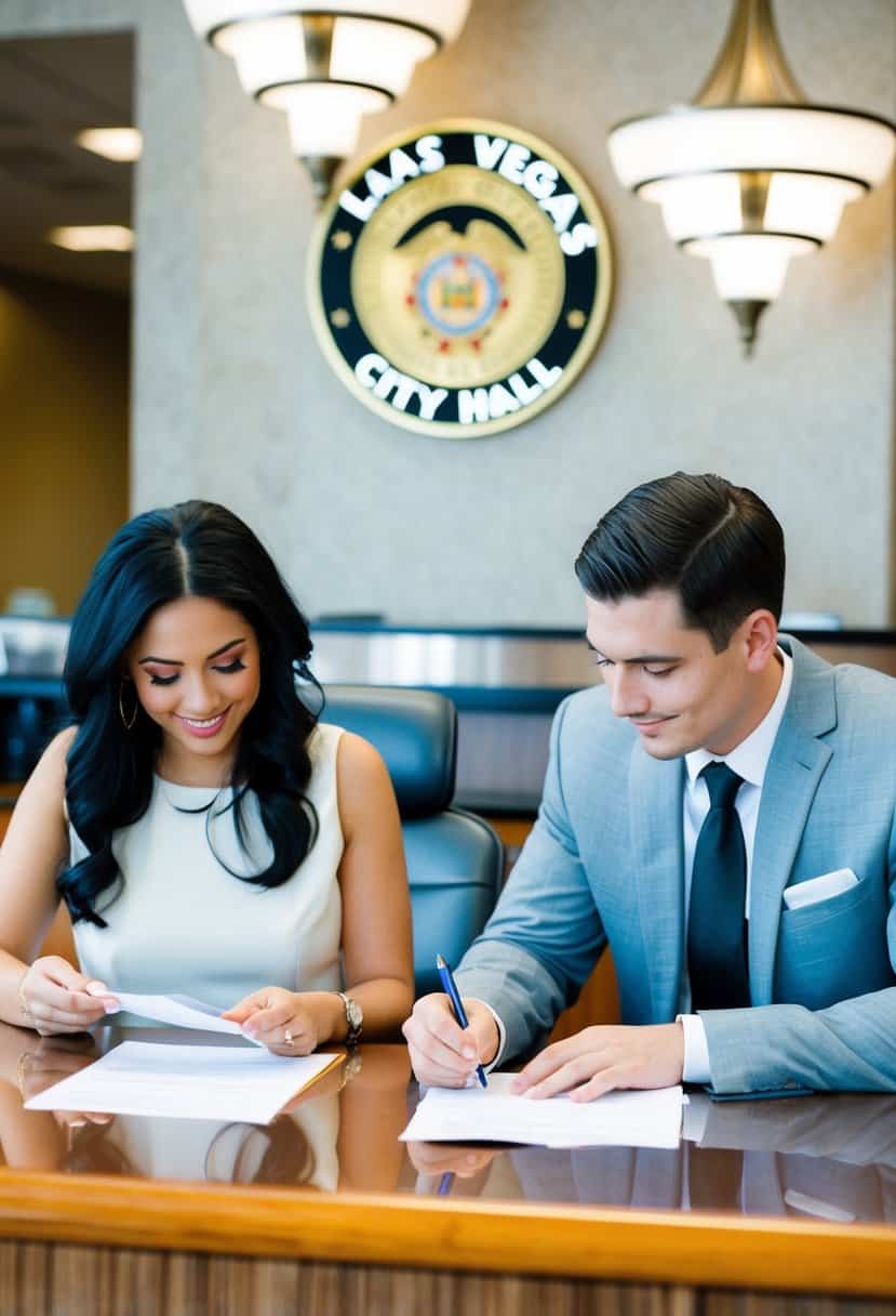 A couple filling out marriage license forms at a Las Vegas City Hall desk