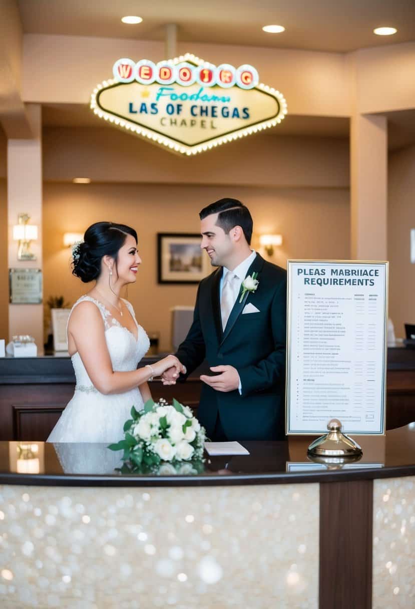 A couple stands at a Las Vegas wedding chapel counter, asking the clerk about marriage requirements. The clerk gestures to a sign with a list of necessary documents