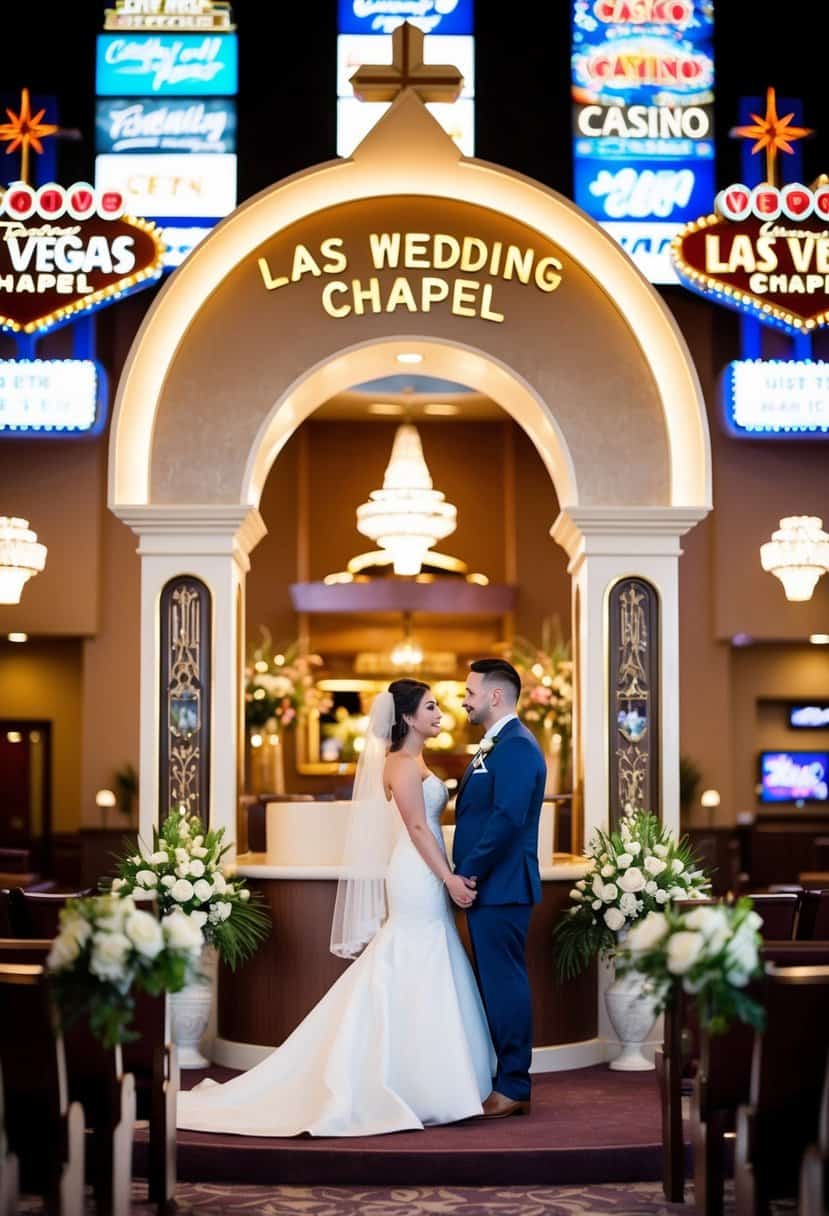 A couple stands at a Las Vegas wedding chapel, surrounded by bright lights and iconic casino signs, as they inquire about marriage legalities