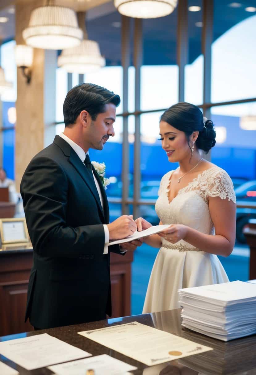 A couple stands at a Las Vegas marriage bureau counter, discussing paperwork with a clerk. A stack of forms and certificates sits on the counter