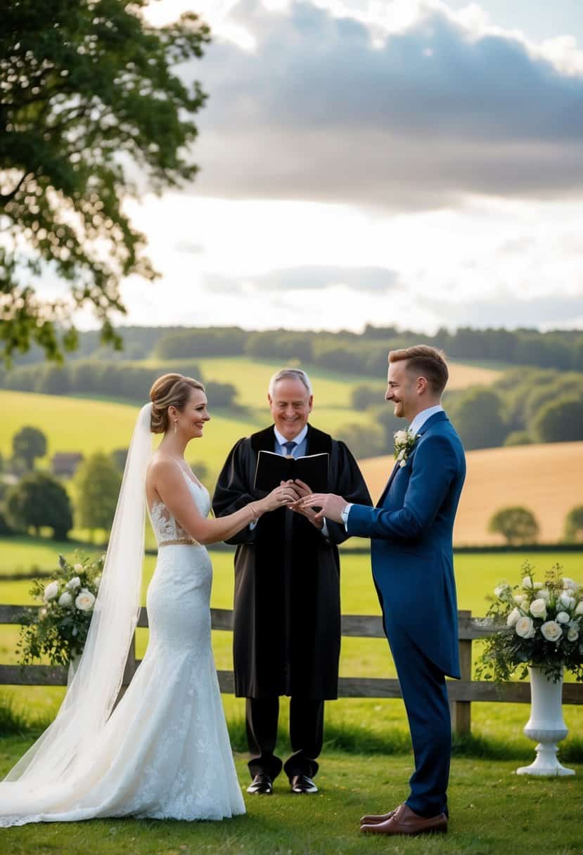 A couple stands in front of a picturesque English countryside backdrop, exchanging wedding rings with a celebrant officiating the ceremony