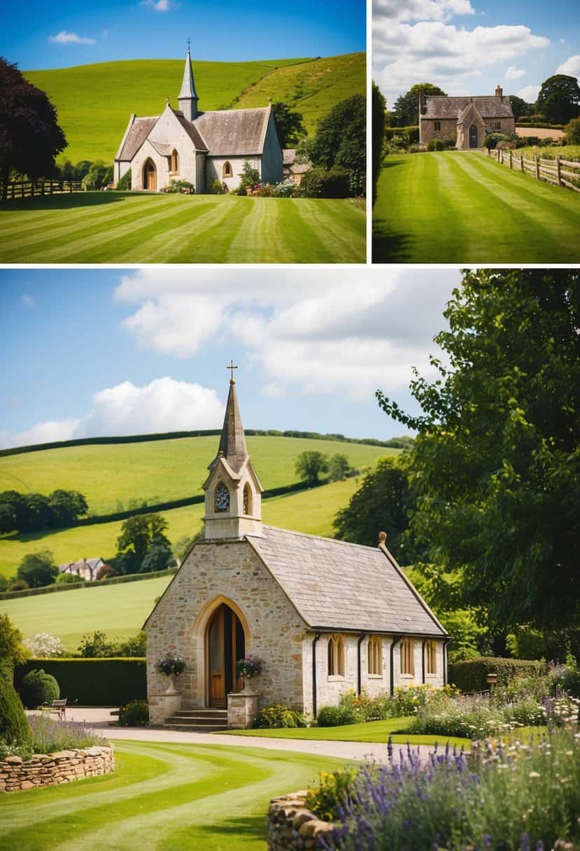 A charming countryside wedding venue in the UK, with rolling green hills, a quaint stone chapel, and a picturesque garden for the perfect romantic setting