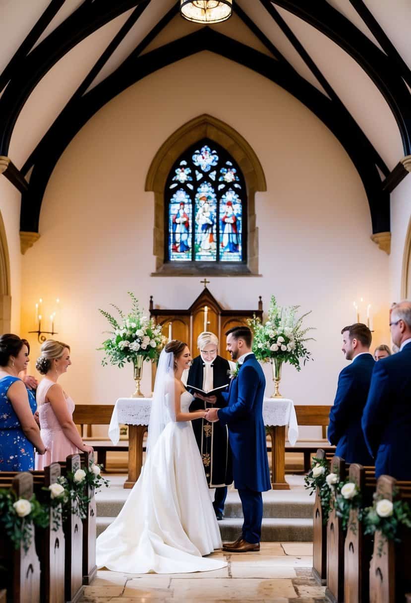 A traditional British wedding ceremony in a picturesque countryside church setting with a bride and groom exchanging vows at the altar