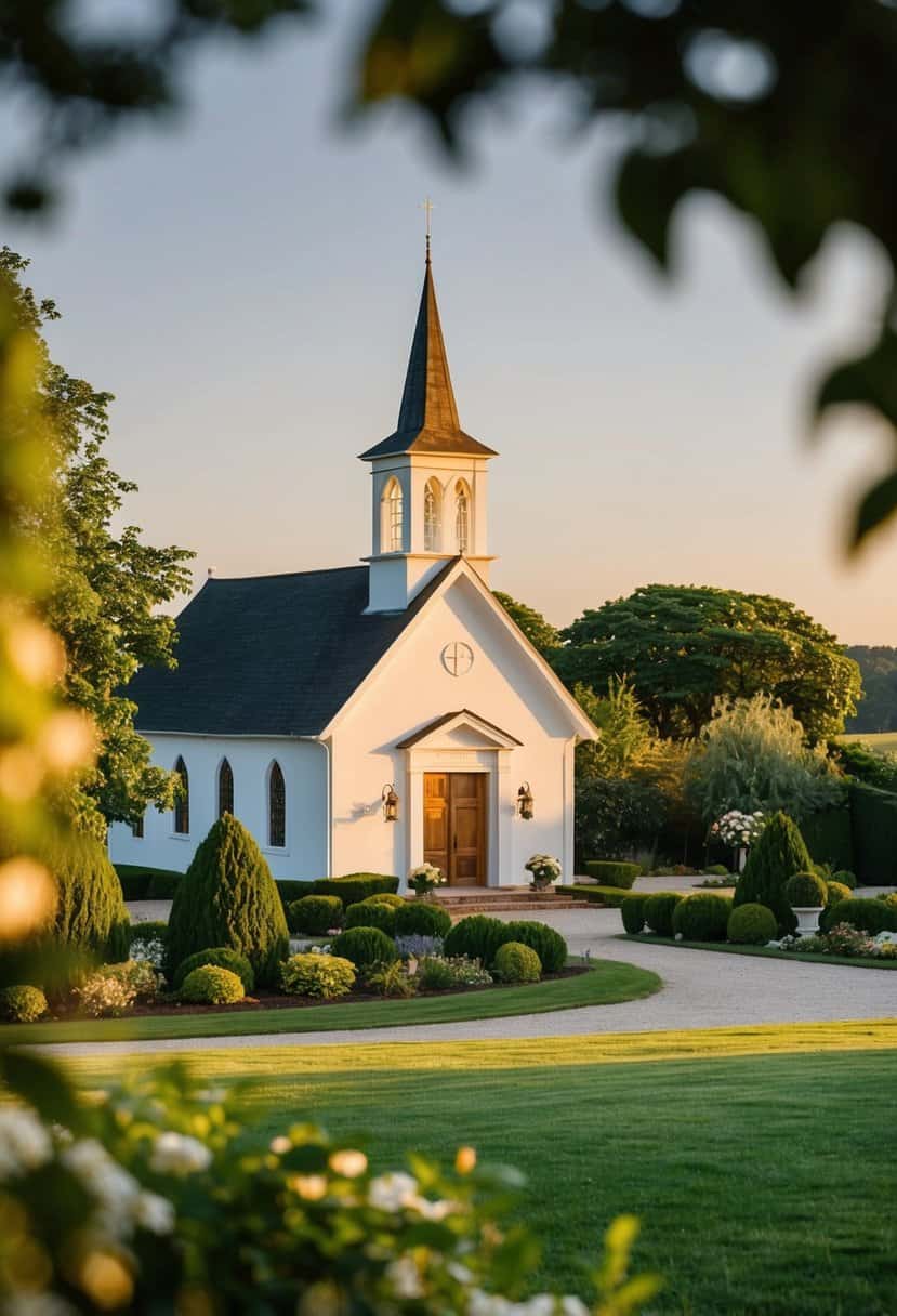 A serene countryside wedding venue with a charming chapel and lush gardens, bathed in warm sunlight on a quiet weekday