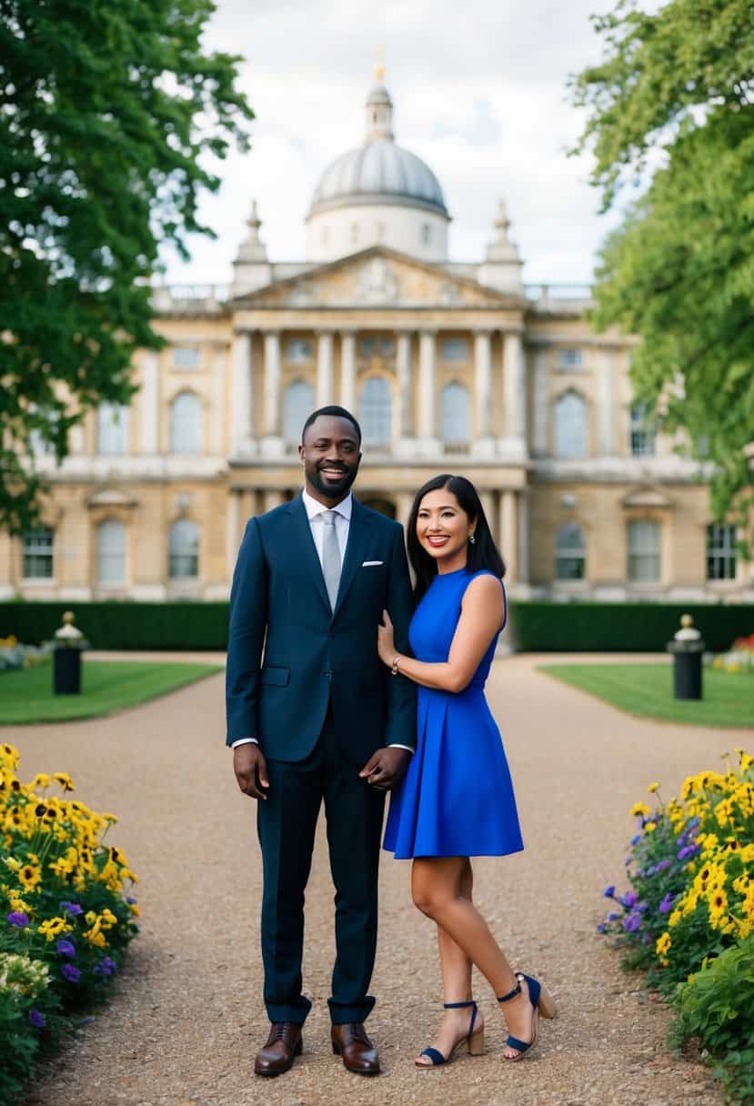 A diverse couple stands in front of a grand, historic building in the UK, surrounded by lush greenery and colorful flowers