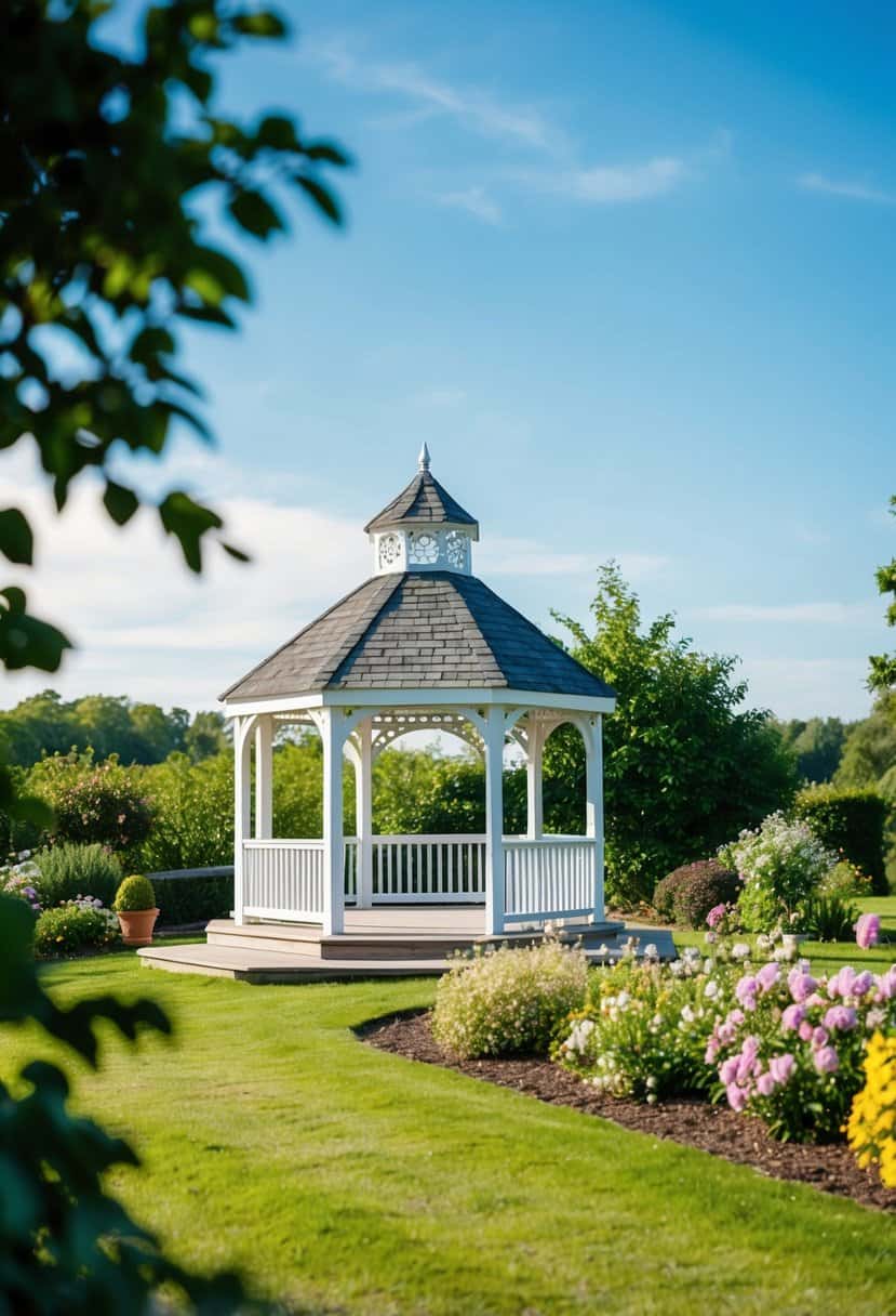 A serene countryside wedding venue with a charming gazebo, surrounded by lush greenery and blooming flowers, under a bright blue sky