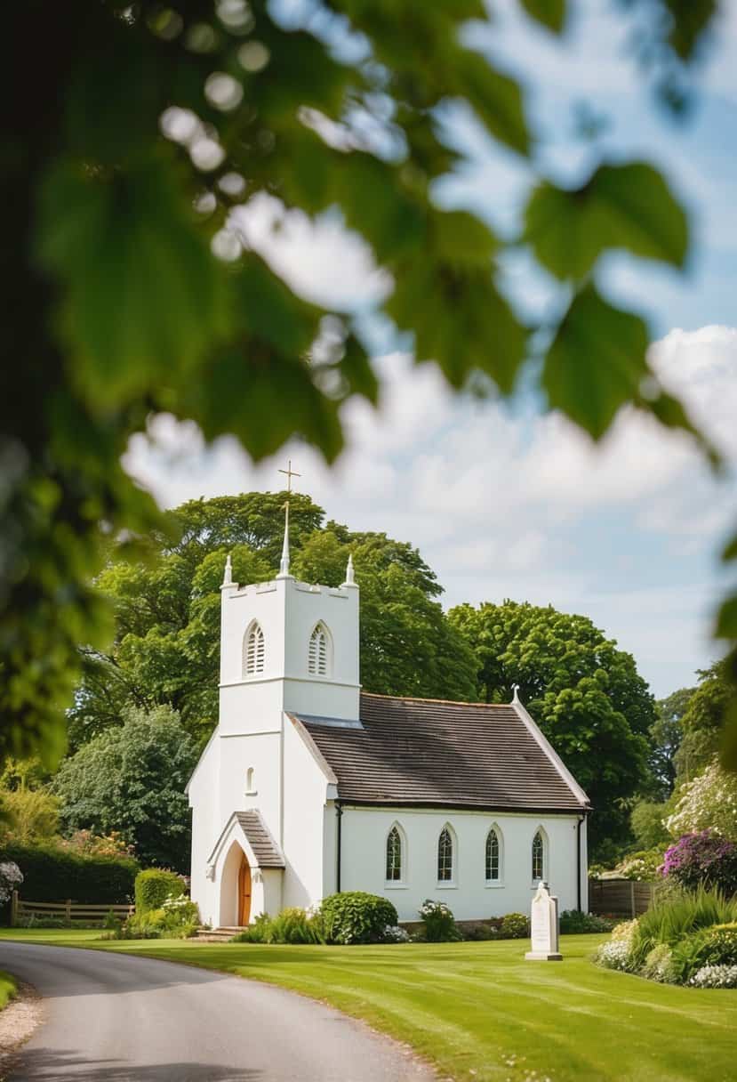 A quaint countryside church with a lush green backdrop, a serene setting for a budget-friendly wedding in the UK