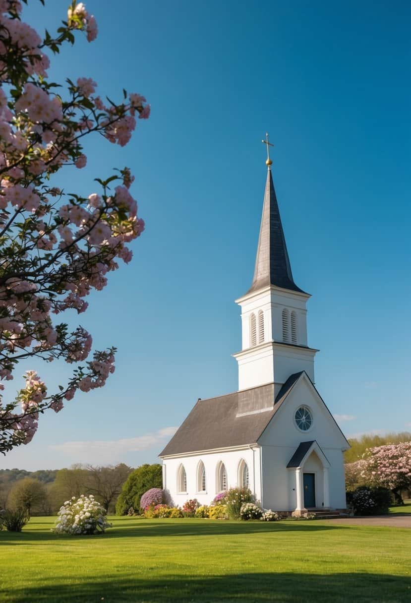 A serene countryside setting with a quaint church and blooming flowers, under a clear blue sky