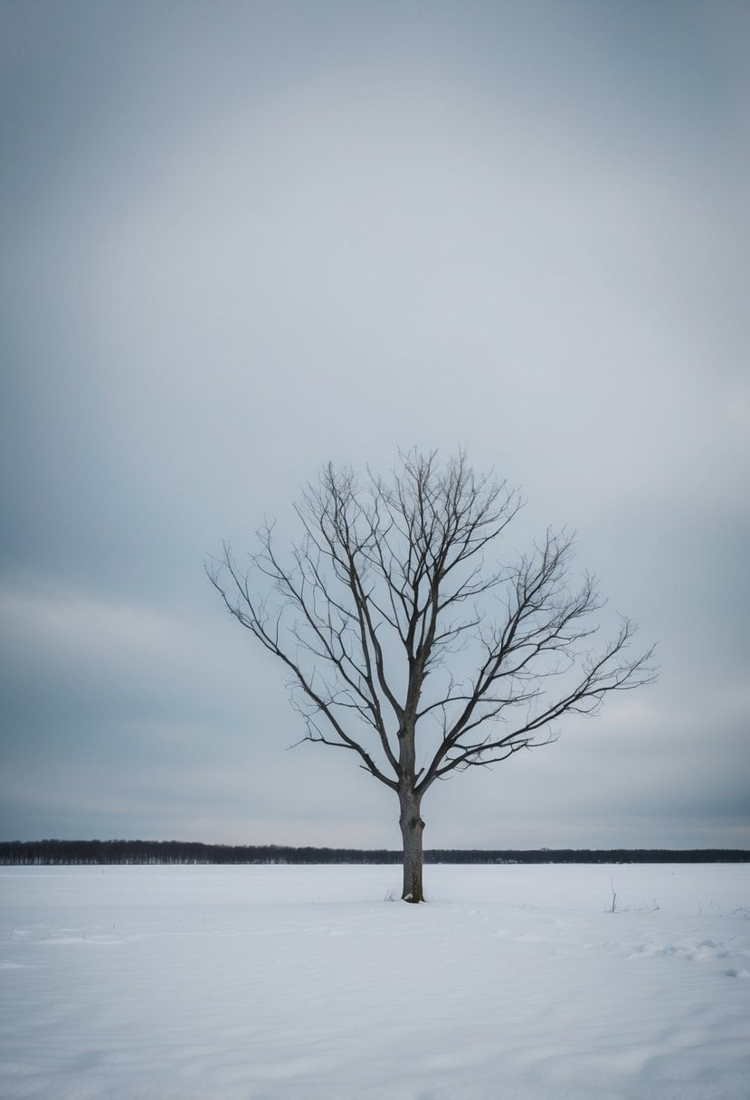 A barren, snow-covered landscape with a solitary, leafless tree, under a gray, overcast sky