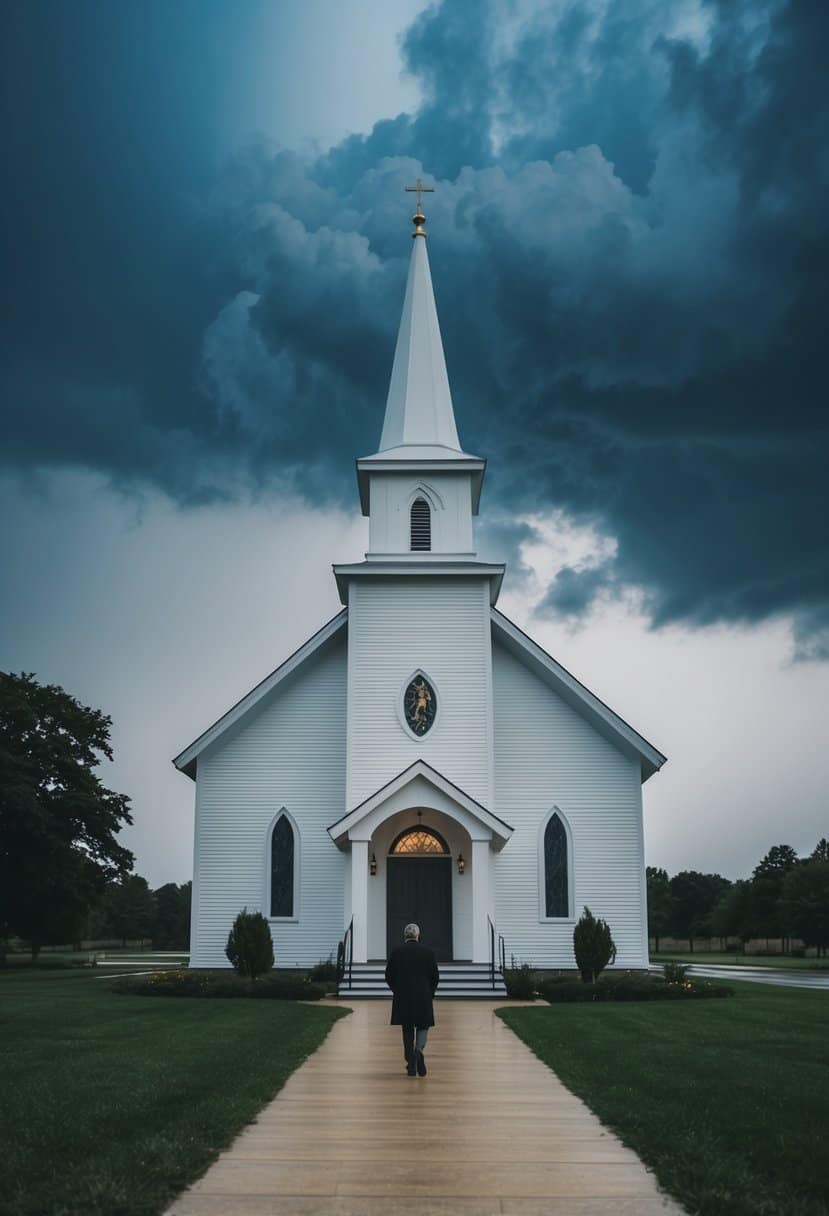 A deserted wedding chapel on a stormy Monday, with dark clouds and a lonely figure walking away