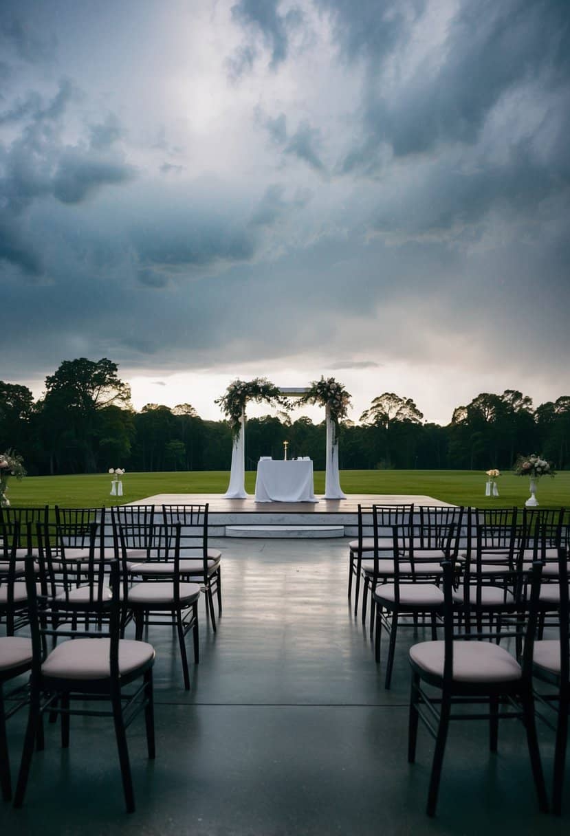 A deserted wedding venue on a stormy Monday, with empty chairs and a forlorn altar