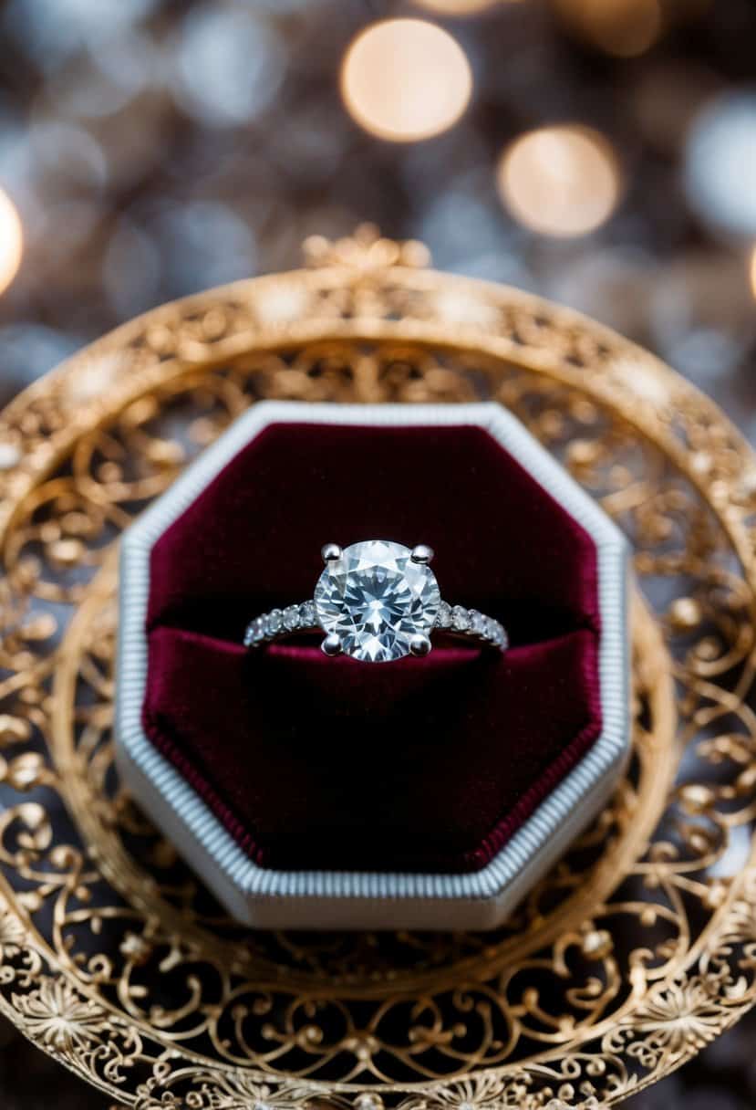 A sparkling diamond wedding ring resting on a velvet cushion, surrounded by delicate gold filigree and intricate engraving