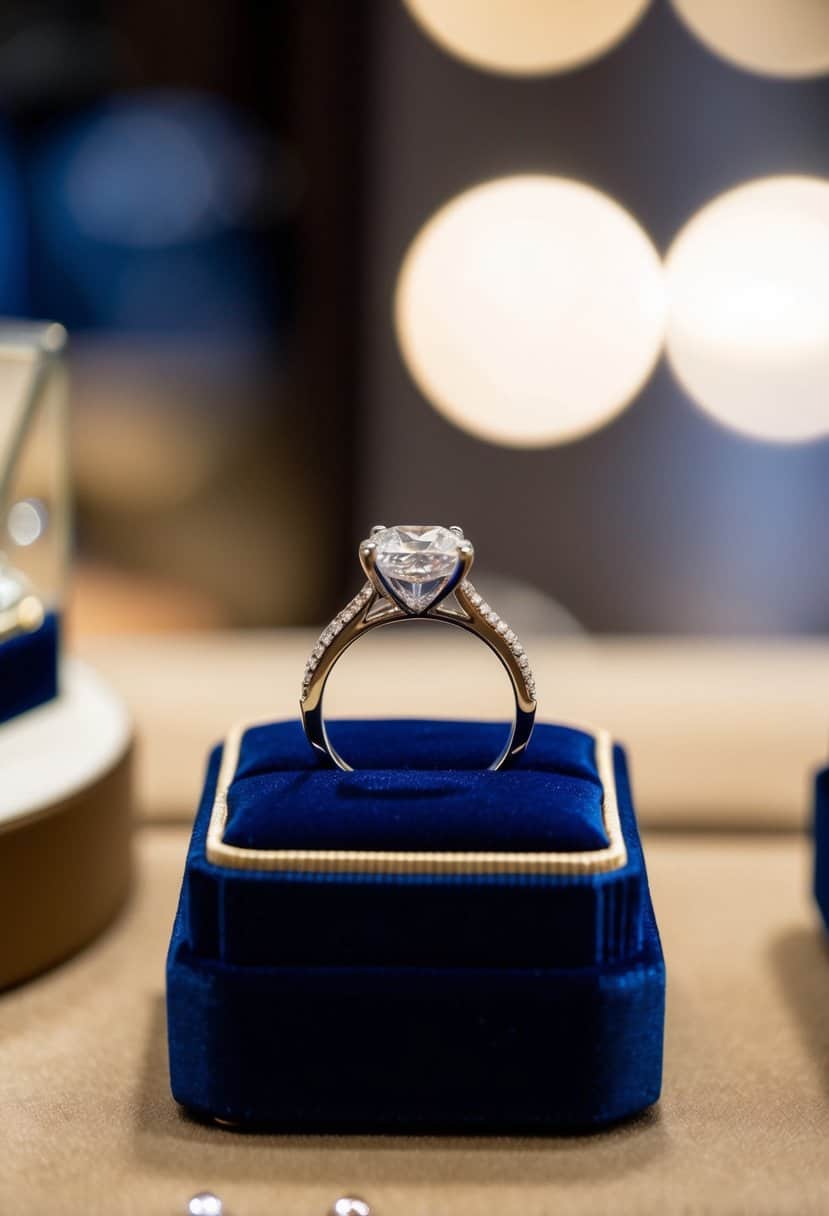 A sparkling diamond wedding ring displayed on a velvet cushion in a jewelry store