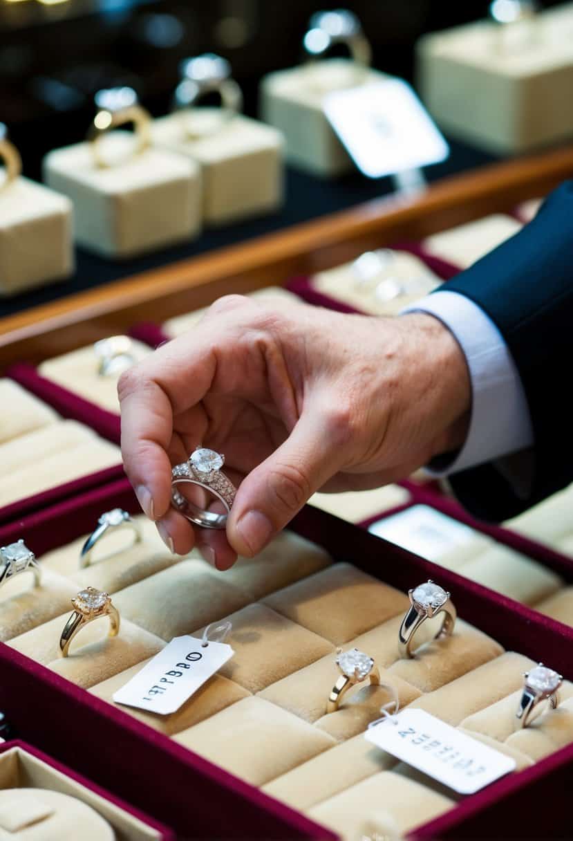 A jeweler's hand holding a wedding ring, surrounded by various other rings on a velvet display. A price tag is visible