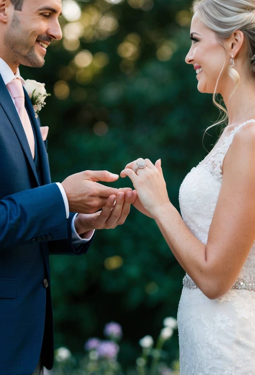 A man presents a wedding ring to a woman, symbolizing the tradition of the groom paying for the ring