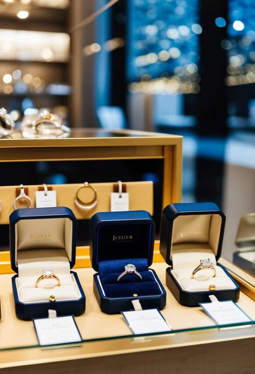 A jeweler's display case showcasing various wedding rings in different styles and materials, with price tags visible