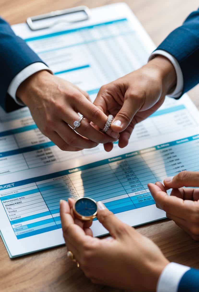 A couple's hands exchanging wedding rings, surrounded by a budget spreadsheet and a discussion about who will cover the cost