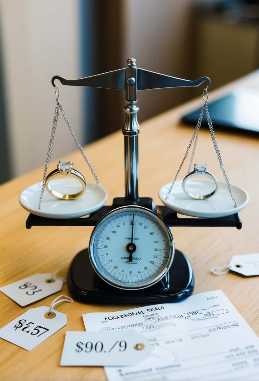 A jeweler's scale weighing two wedding rings, surrounded by price tags and a payment receipt