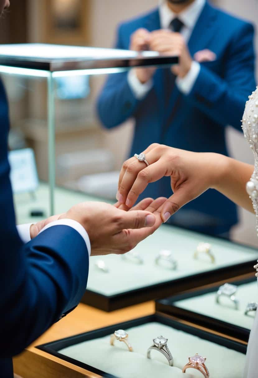 A groom's hand presenting a wedding ring to a bride. A jeweler's display case with various ring options in the background