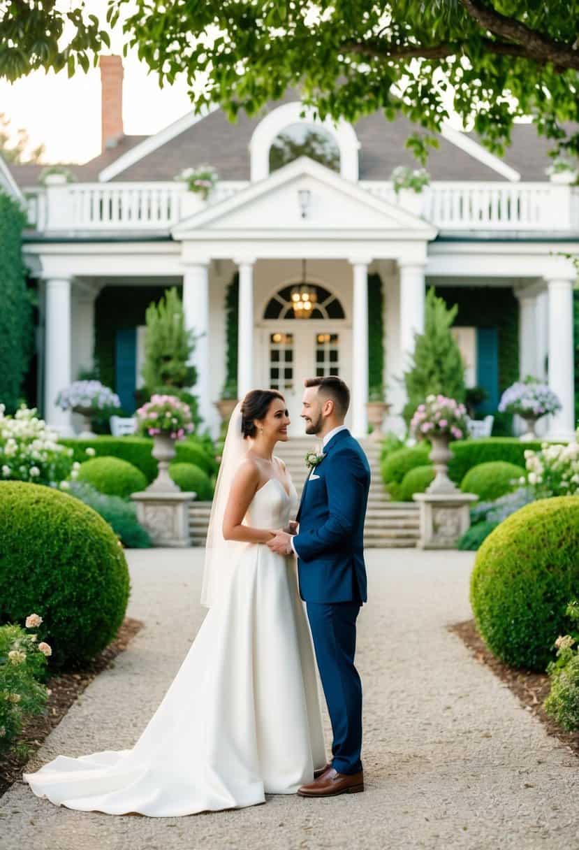 A couple stands in front of a picturesque wedding venue, surrounded by lush greenery and elegant architecture, as they discuss their budget