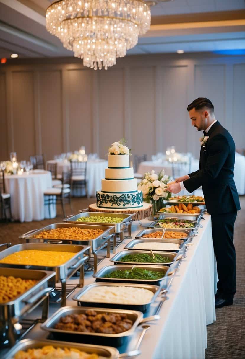 A festive wedding reception with a buffet of food and drinks, a beautifully decorated cake, and a caterer setting up tables and chairs