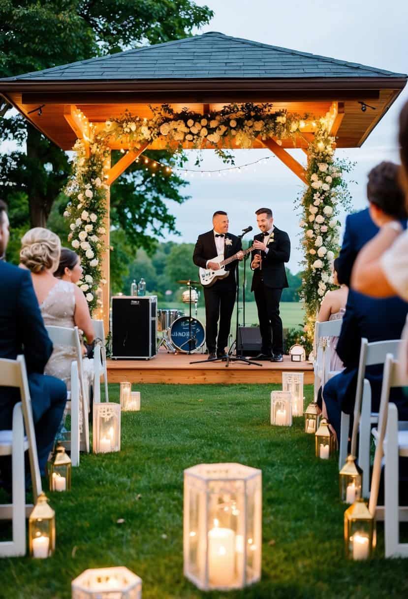 A wedding venue with a beautiful outdoor setting, decorated with flowers and lights, a small stage for a band, and a photographer capturing the moment