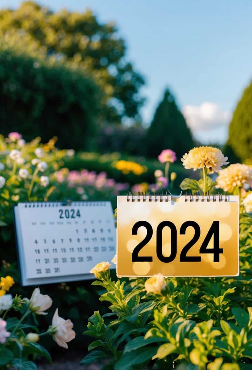 A lush garden with blooming flowers and a clear sky, with a calendar displaying the year 2024 highlighted with a golden hue