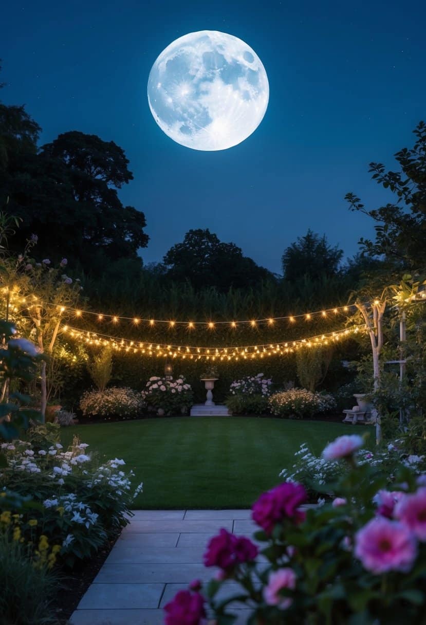 A full moon illuminates a serene night sky, casting a soft glow over a tranquil garden adorned with blooming flowers and twinkling fairy lights