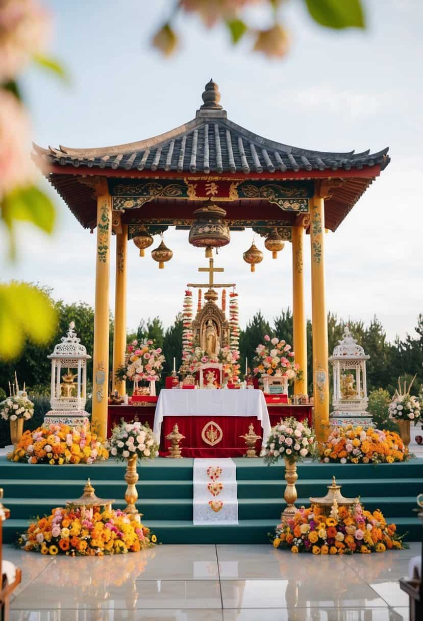 A traditional wedding altar with symbolic items representing different cultural and religious beliefs, surrounded by blooming flowers and colorful decorations