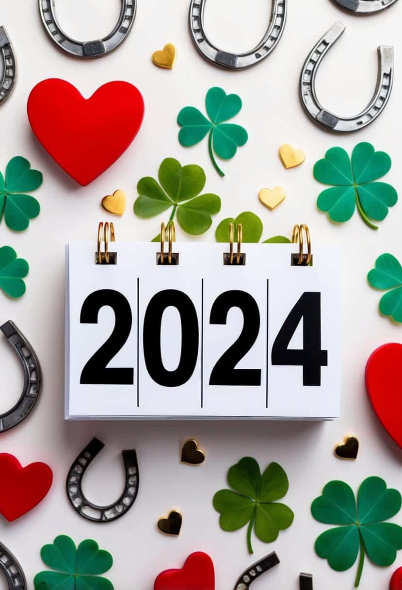 A calendar with the year 2024 displayed, surrounded by symbols of luck and love, such as horseshoes, four-leaf clovers, and hearts