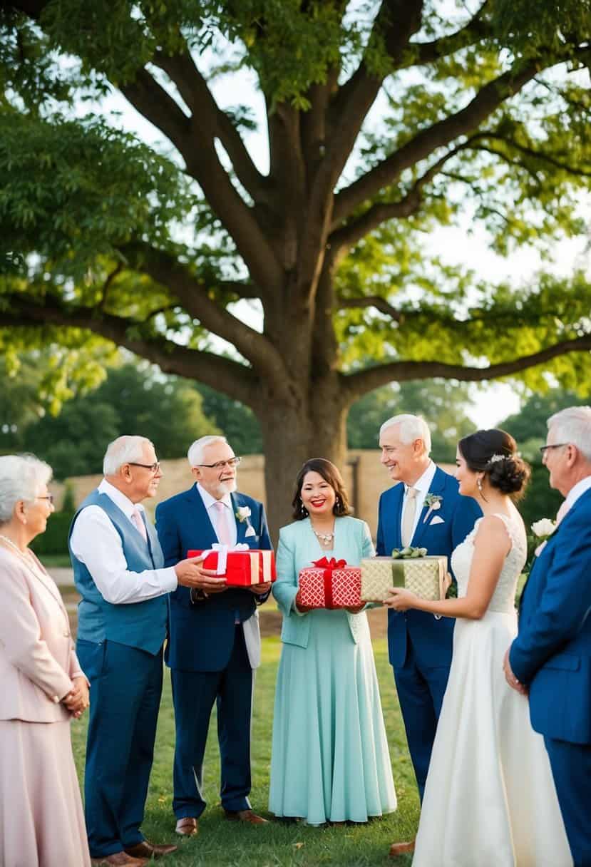 A group of elders discussing under a large tree, while a couple presents gifts to the bride's family