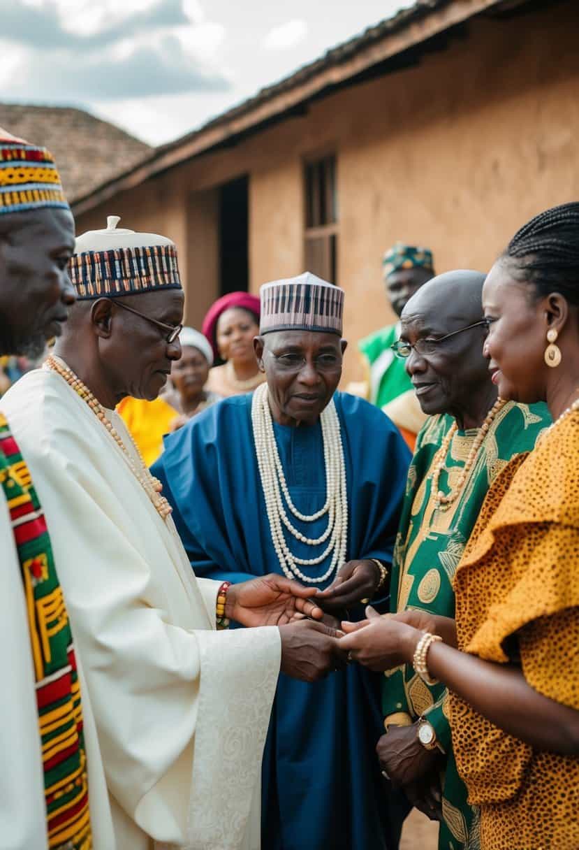 A traditional Ghanaian wedding ceremony with elders discussing bride price negotiations in a village setting