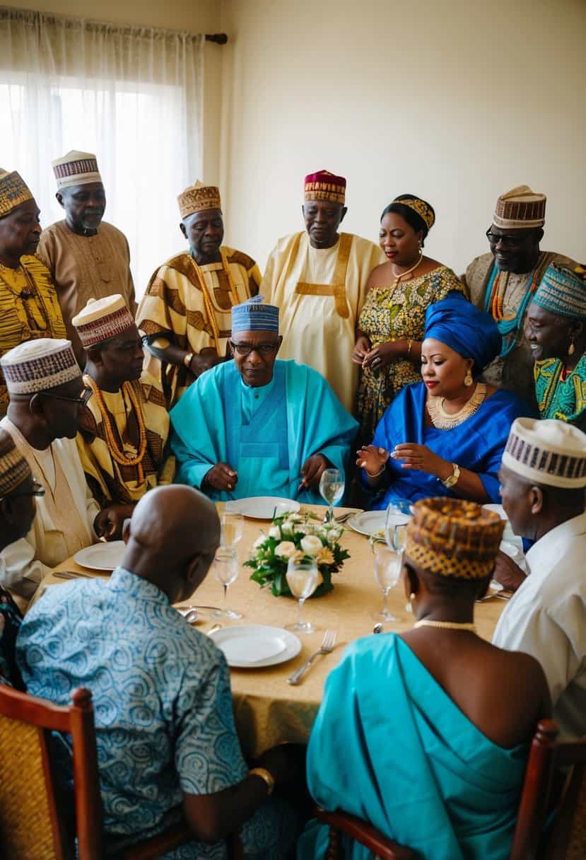 A group of elders and family members gather in a traditional Ghanaian setting, discussing and negotiating the bride price for a wedding