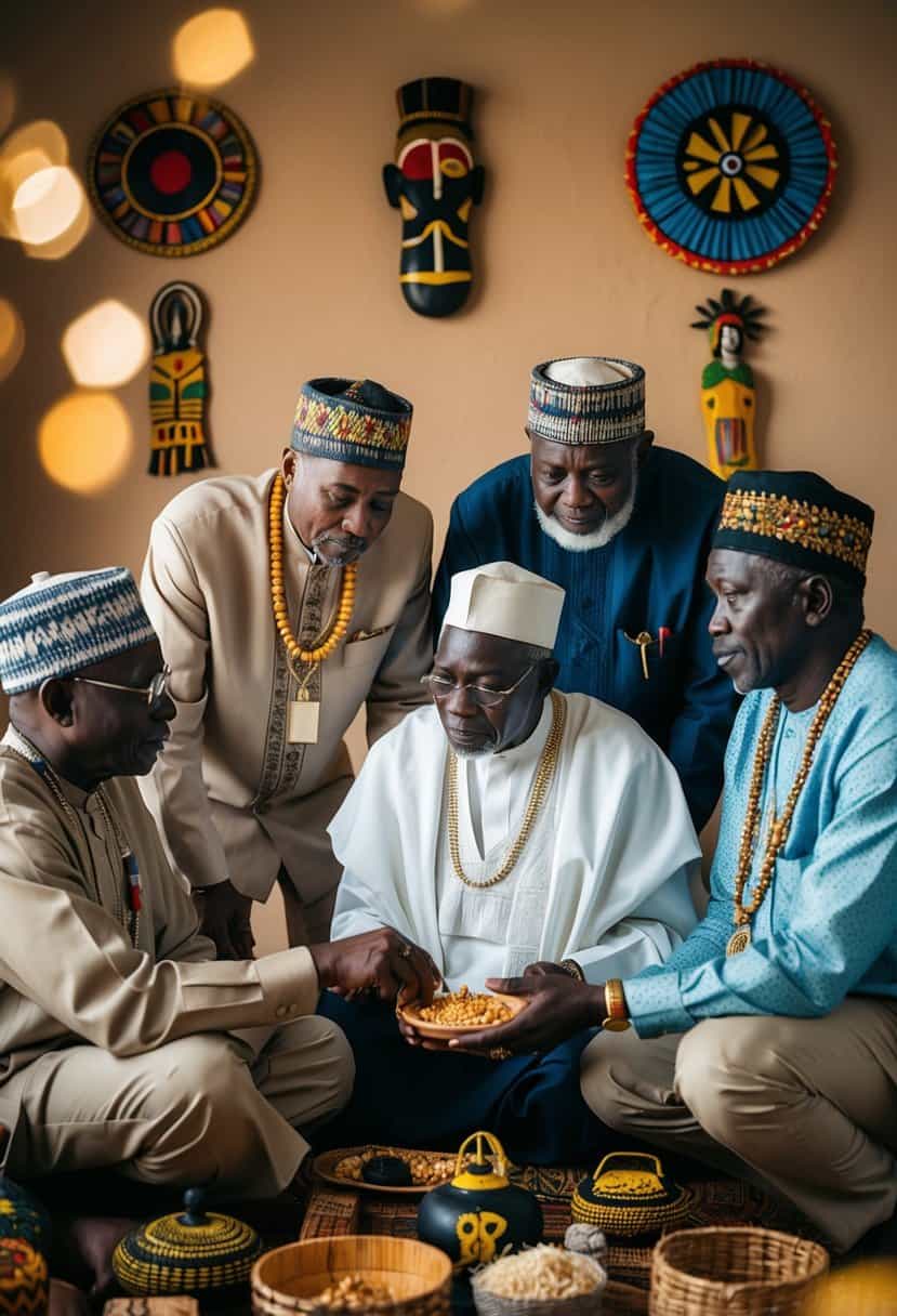 A group of elders discussing bride price, surrounded by traditional Ghanaian symbols and artifacts