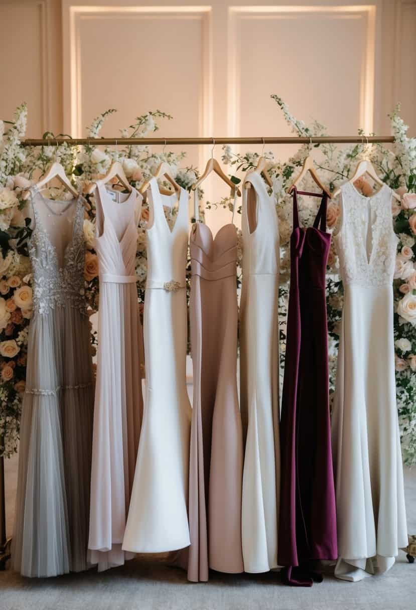 A group of seven elegant dresses lined up in a row, each with unique details and styles, set against a backdrop of delicate floral arrangements and soft lighting